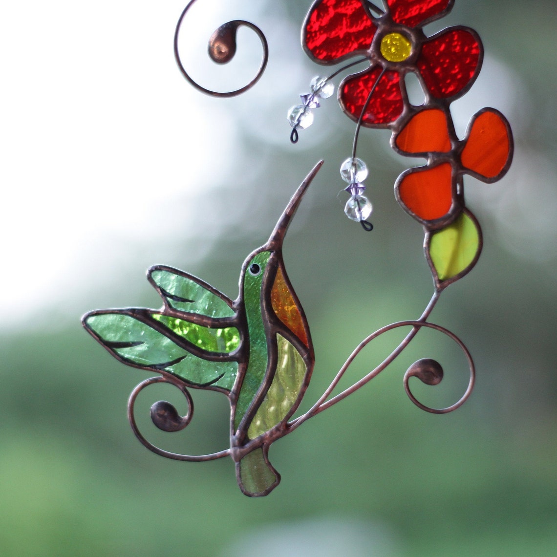 Stained glass Hummingbird with flowers Suncatcher bird window Etsy