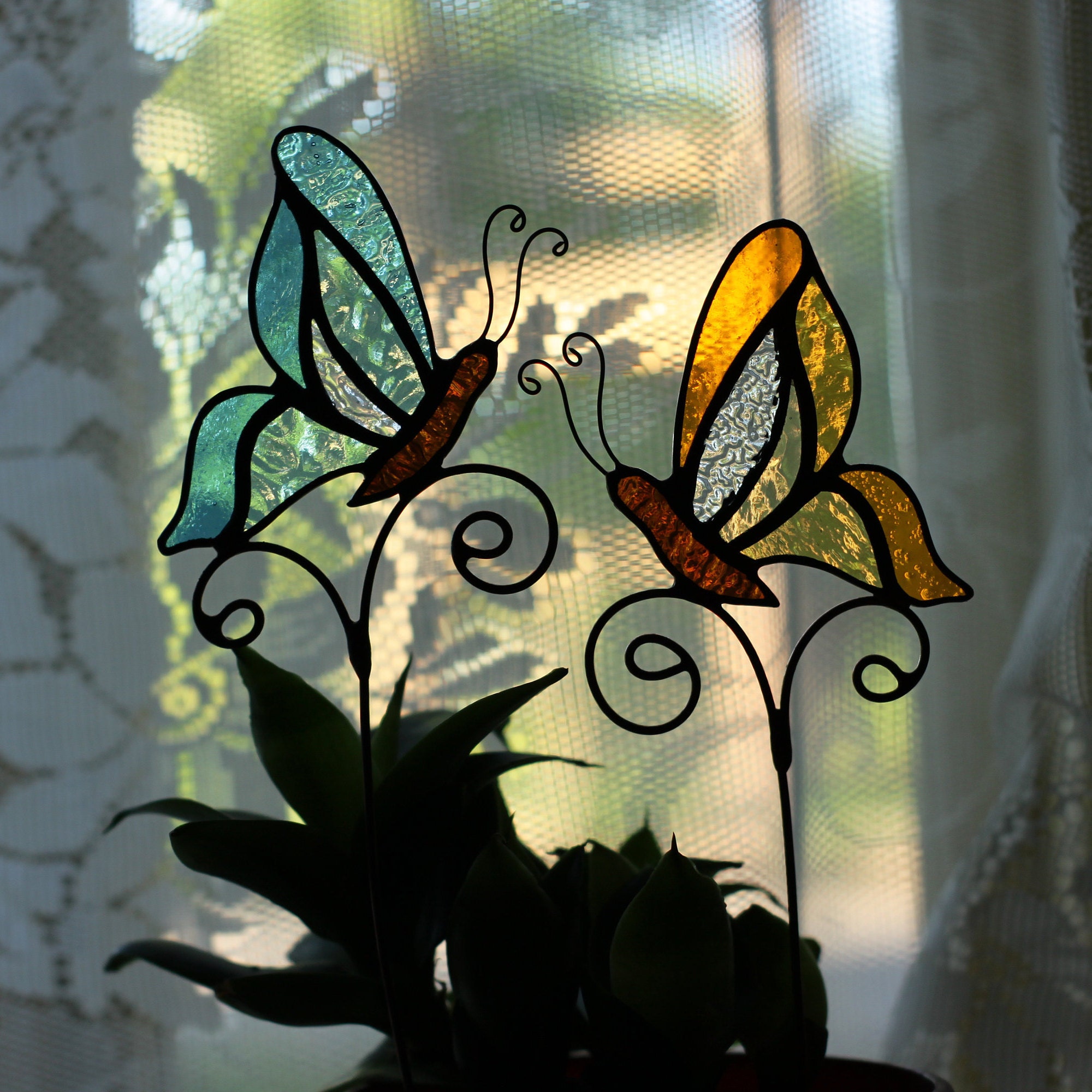 Stained glass Butterfly Garden stake Plant decor Funny Etsy