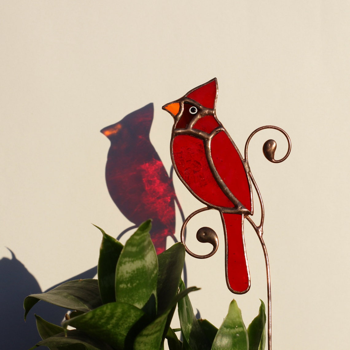 Stained Glass Bird Plant Stake Red Cardinal Garden Decor Etsy
