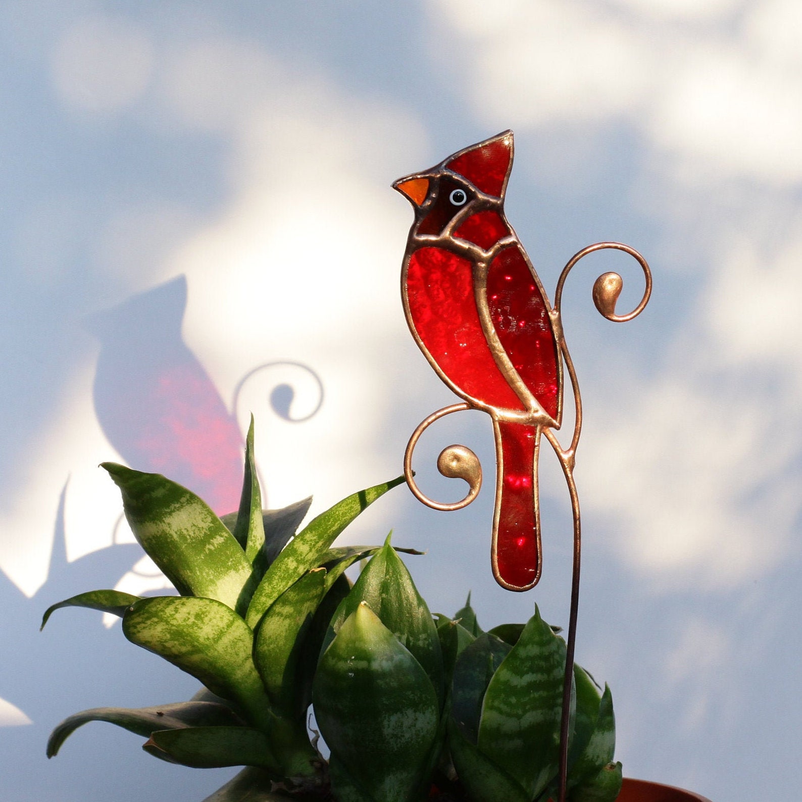 Stained glass bird plant stake red cardinal garden decor Etsy