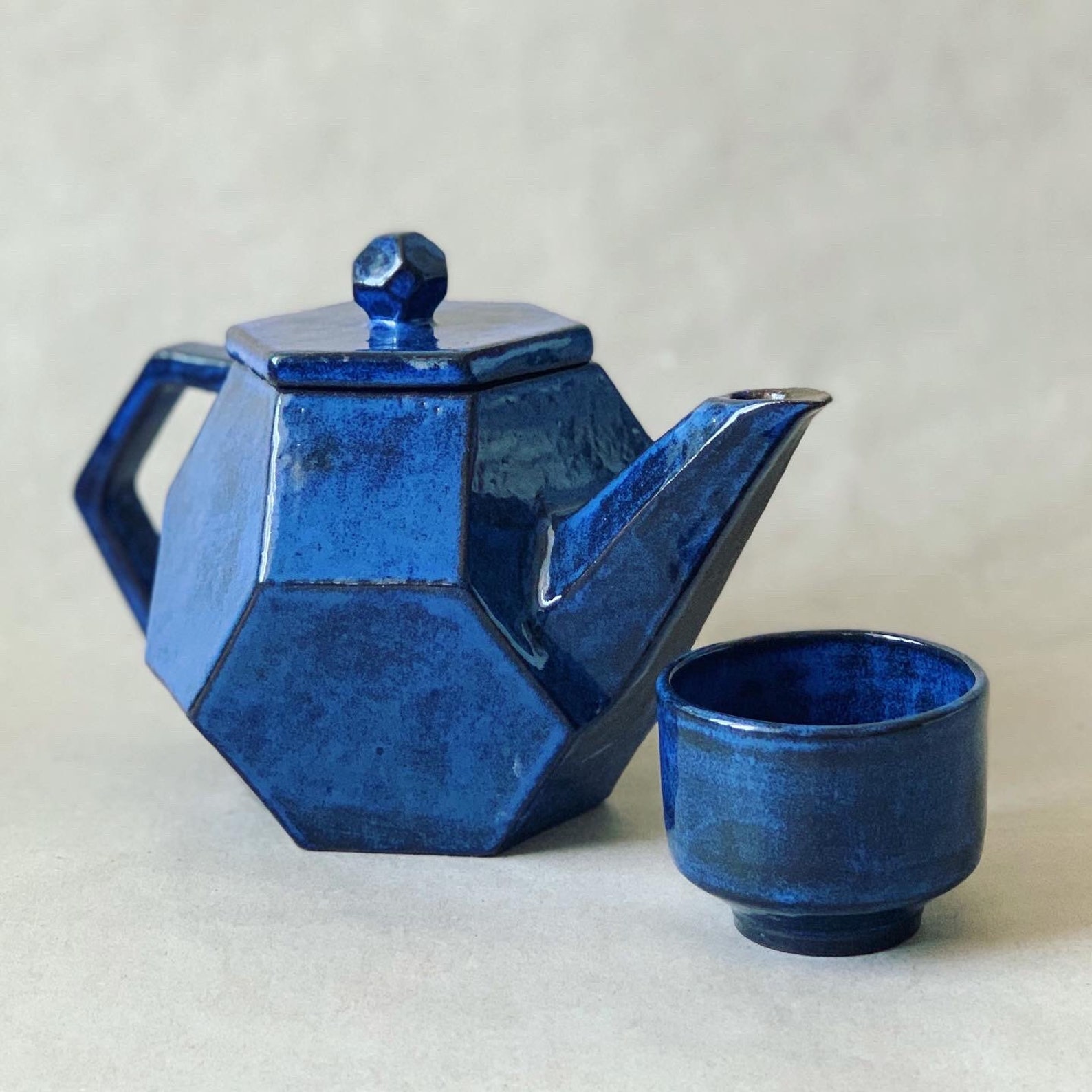 Geometric ceramic teapot hectagon lid blue Etsy