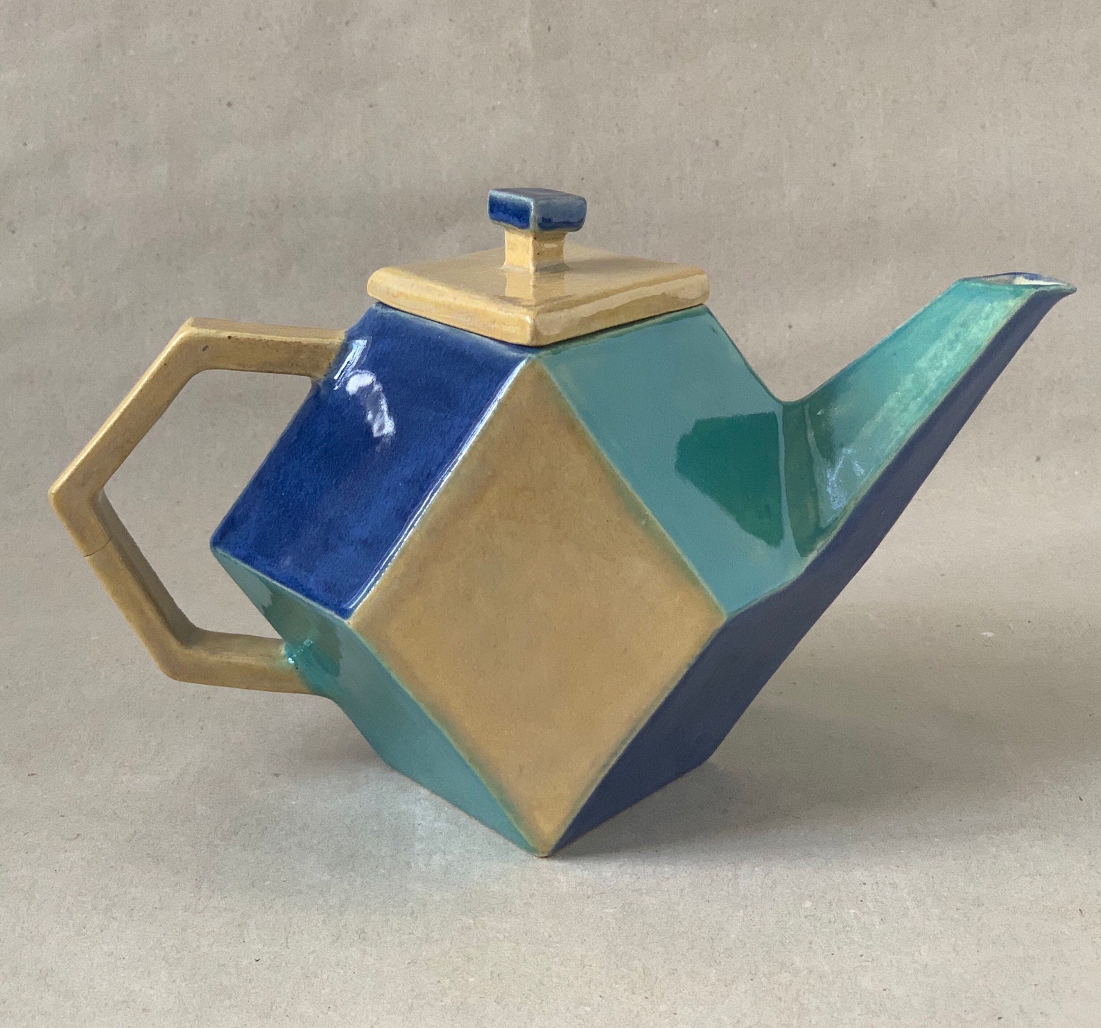 Geometric ceramic teapot diamond lid blue yellow green Etsy