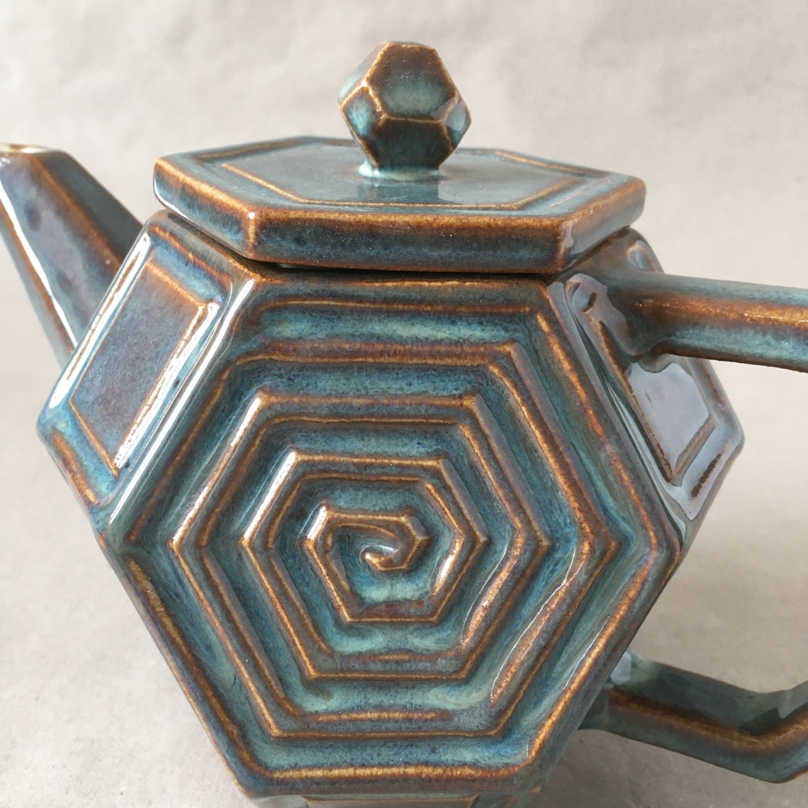 Geometric ceramic teapot hectagon lid textured blue Etsy