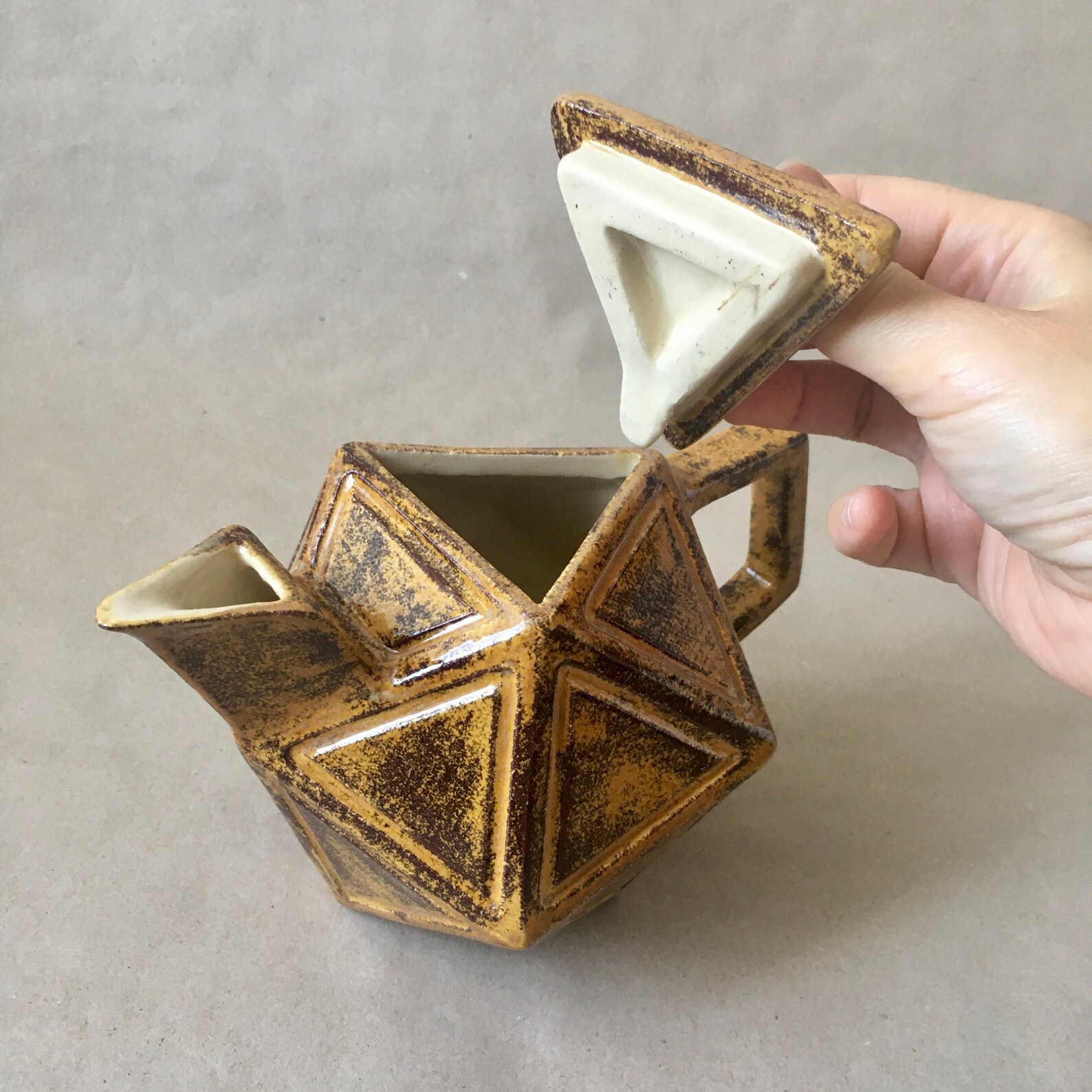 Geometric ceramic teapot triangle lid brown yellow Etsy