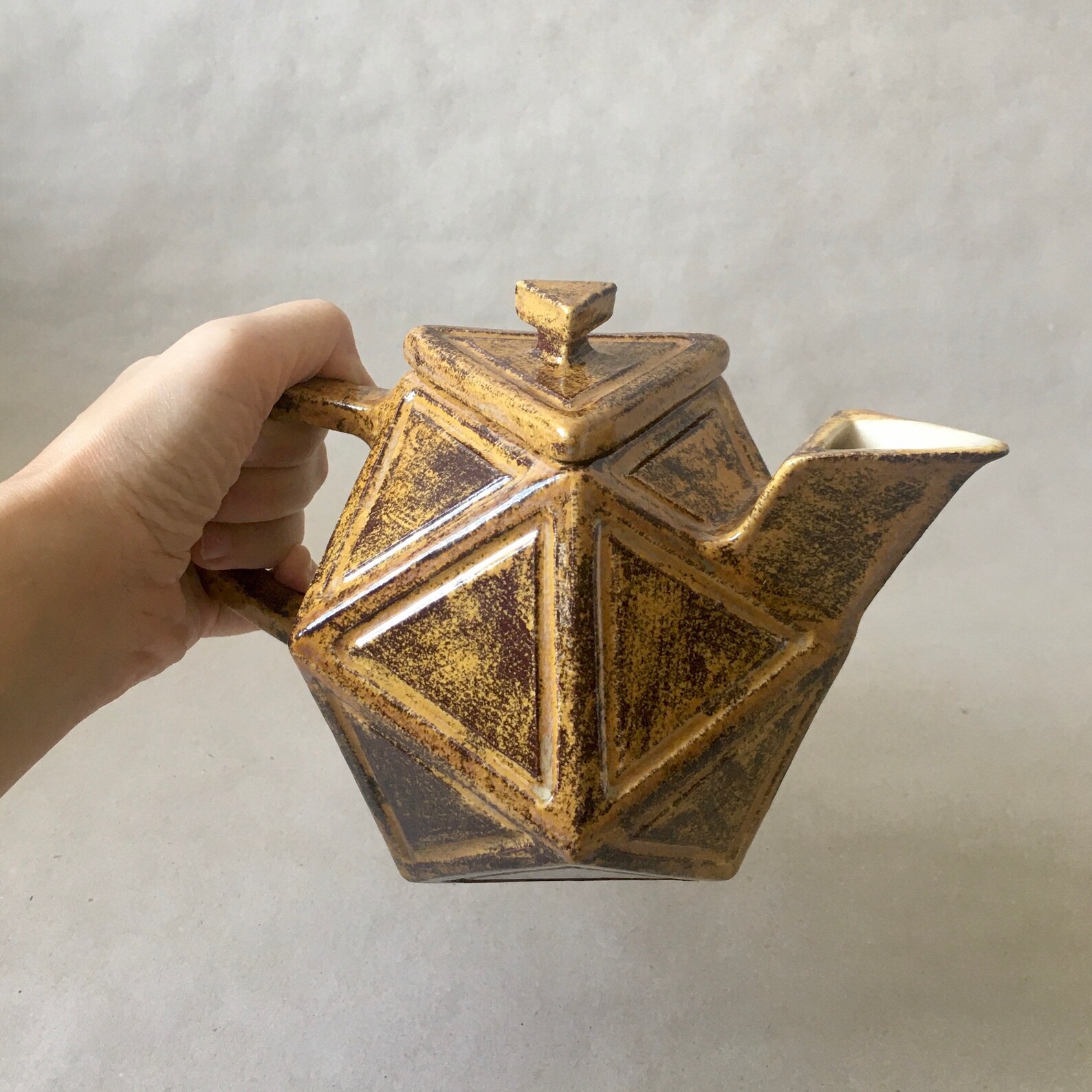 Geometric ceramic teapot triangle lid brown yellow Etsy