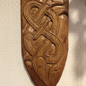 Celtic Knotwork carved oak shield plaque dragon