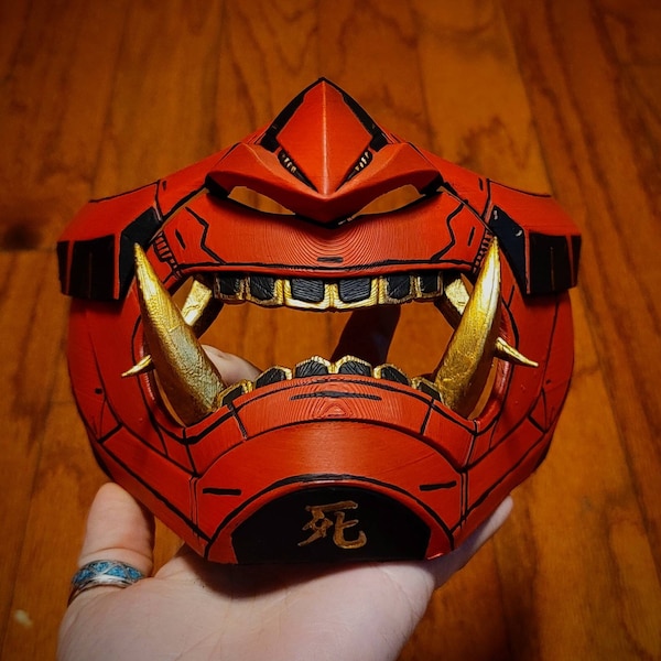 Japanese Death Demon Oni Mask ( Gold Teeth & Details ) Custom Painted 3D Printed