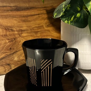 Vintage Octime Arcoroc - Individual or Set of Fine Bowls, Plates, Cups, in Black and Gold, Made in France