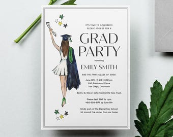 Printed Watercolor Graduation Girl Invitation Card, Custom and Personalized