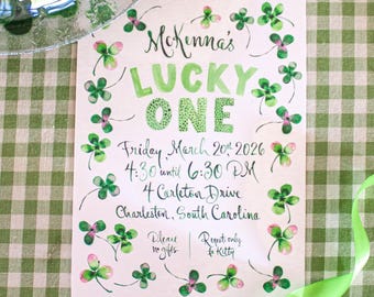 Lucky One First Birthday Party Invitation - Customized Lettering & Hand Painted Shamrocks