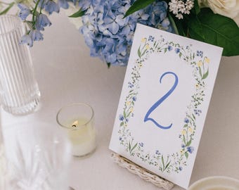 Double Sided Watercolor Table Numbers | Blue Hand Painted Florals