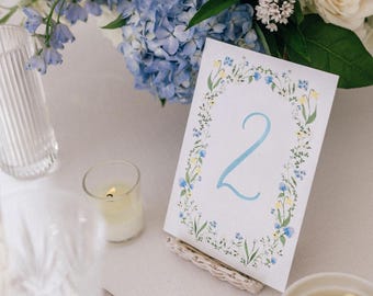 Watercolor Table Numbers | Light Blue Hand Painted Florals