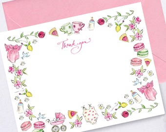 Baby Girl Thank You Cards | Watercolor Floral Border, Pink Envelopes