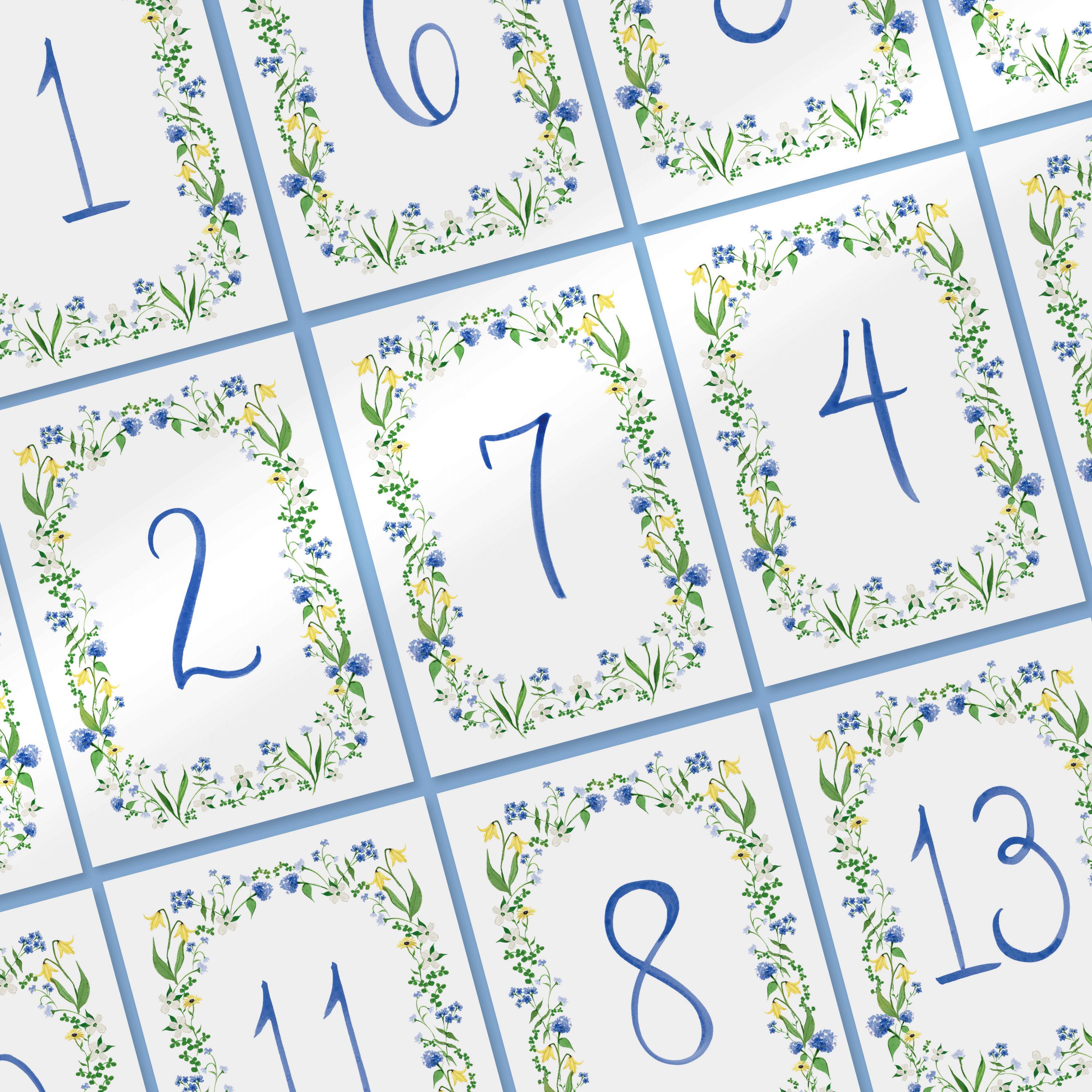 Watercolor Table Numbers | Blue Hand Painted Florals - Etsy