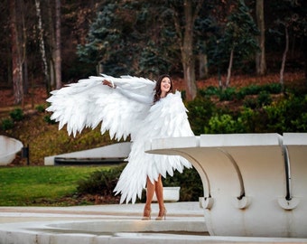 Può includere: Una donna con un costume bianco con grandi ali d'angelo bianche, in piedi davanti a una fontana bianca in un parco.