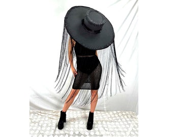 Black Fringe Wide-Brim Straw Hat - Women\'s Fashion Hat Montauk Large Brim Sun Hat | Black UPF 50+ main image 4