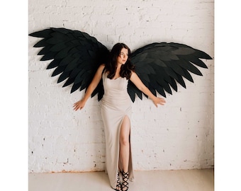 Disfraz de Halloween con alas de ángel negro: disfraz de bruja para cosplay de adulto, disfraz de hada para carnaval, disfraz de cuervo para hombre y mujer.