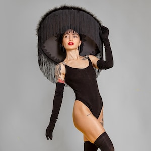 Black hat with fringe and puffy wide brim for photo shoot, cosplay for music festival, costume for performances, discos