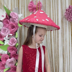 Mushroom hat, large red mushroom hat with white dots with ribbons for adults or children