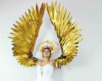 Gold wings angel costume fairy fantasy cosplay woman adult iridescent phoenix for big kids teens adults women halloween