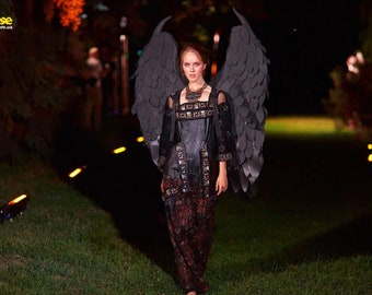 黒天使の羽のコスチューム - ハロウィンコスプレの羽、ゴシックな悪魔ルシファーの悪魔のコスチューム（女性用）、大人の天使の衣装