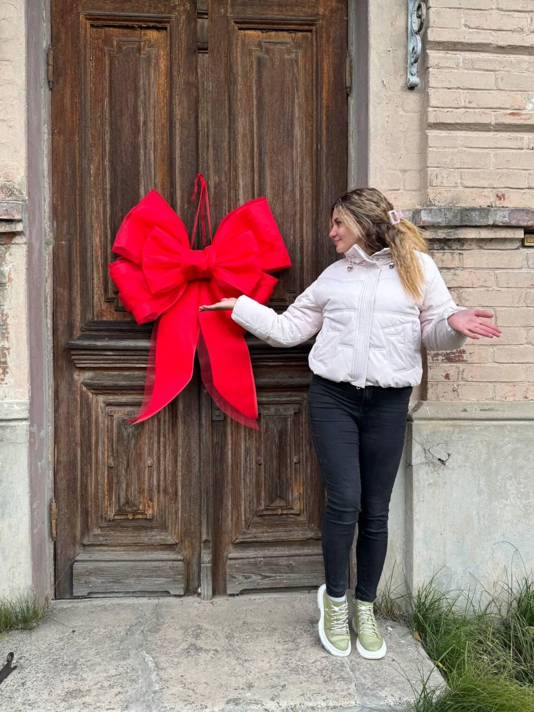 Lazo Navideño Grande Rojo De Terciopelo – 30x54 Cm, Para Decoración De Puerta, Corona Y Hogar