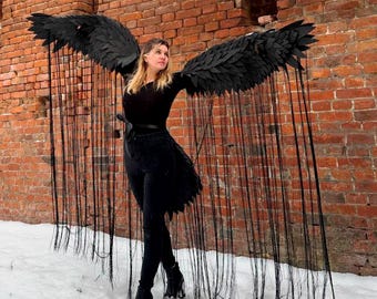 Disfraz de cuervo pájaro con alas negras y accesorio de flecos para sesiones de fotos y festivales, alas de murciélago