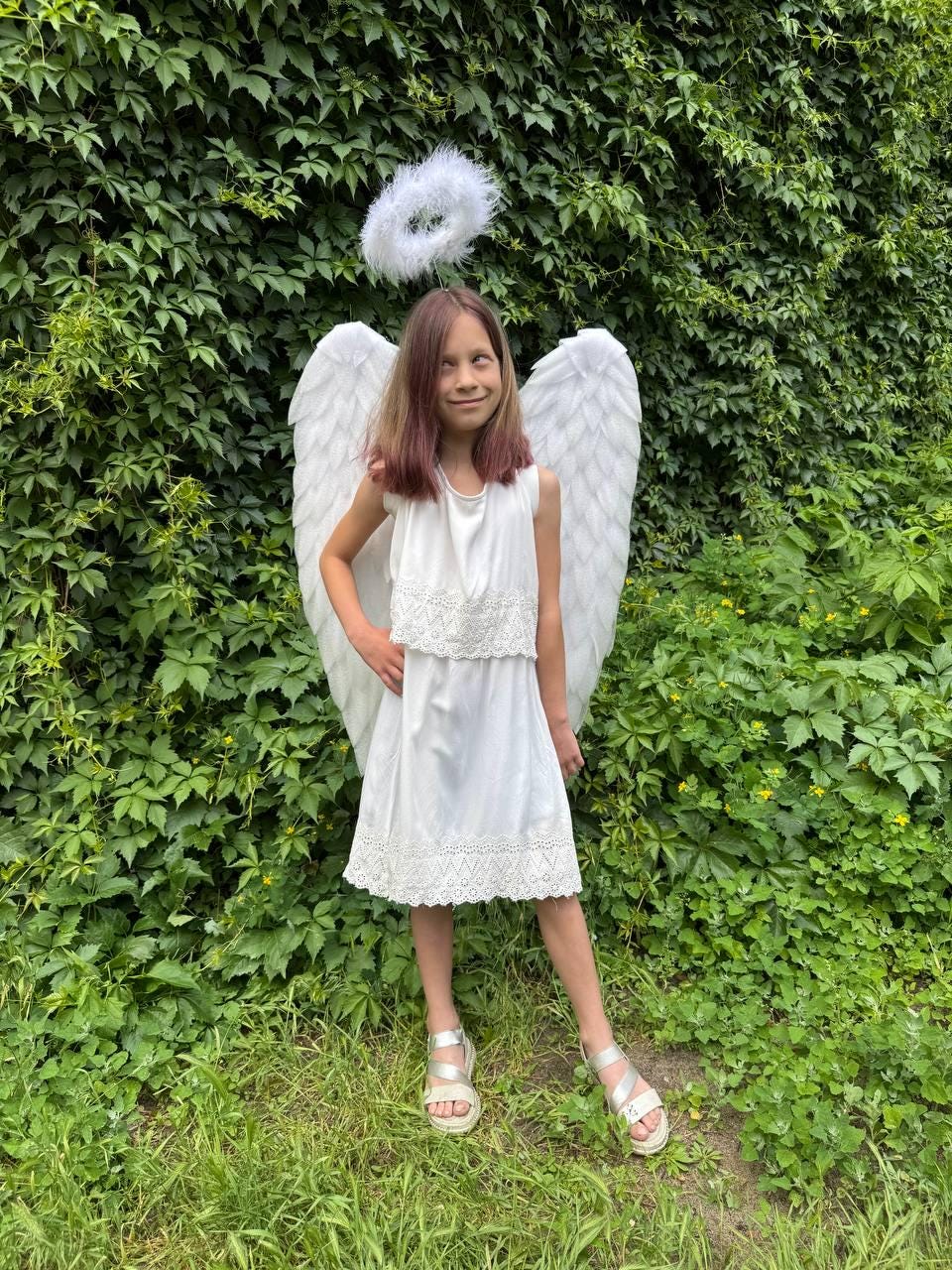 White Fairy Wings White Feather Wings & Gold Glitter Halo Set  Angel  Costume For Nativity, Fancy Dress, Kids Fairy Rainbow Costume