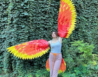 Alas de Fénix con Cola: Disfraz de Pájaro de Fuego Amarillo Naranja para Cosplay, Sesión de Fotos y Halloween