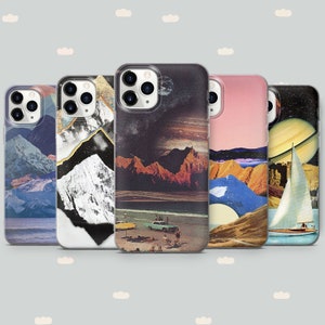 May include: A collection of five phone cases with unique landscape designs. The cases feature mountain ranges, a night sky with a moon, and a beach scene with a car and people. Each case has a different color scheme and design.