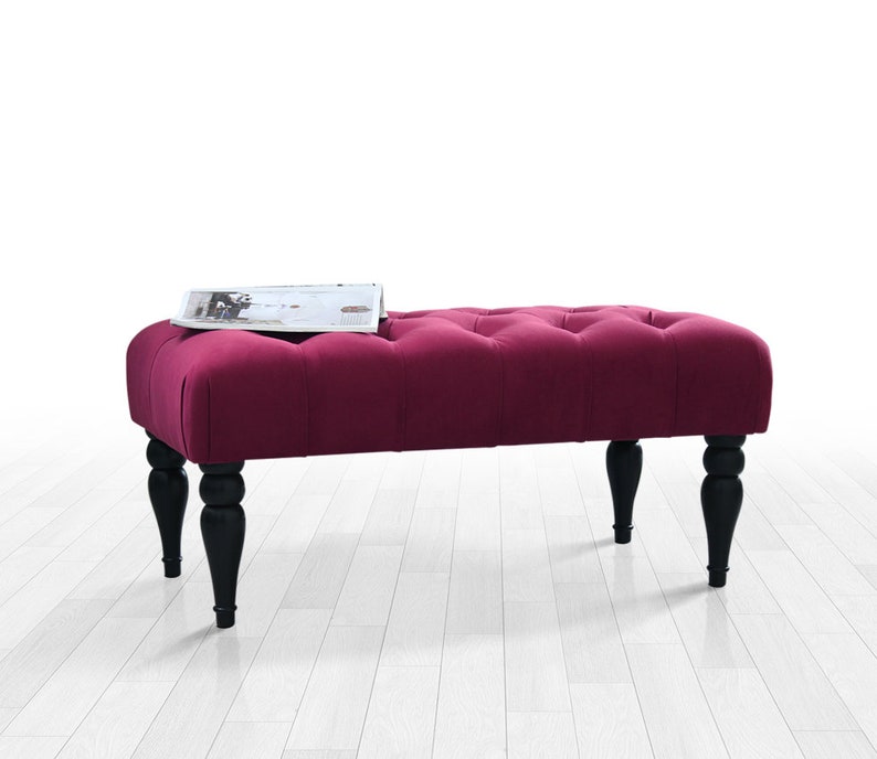 decorative handmade bench living room bench Cherry colour tufted bench stool wood legs stool entryway bench stool