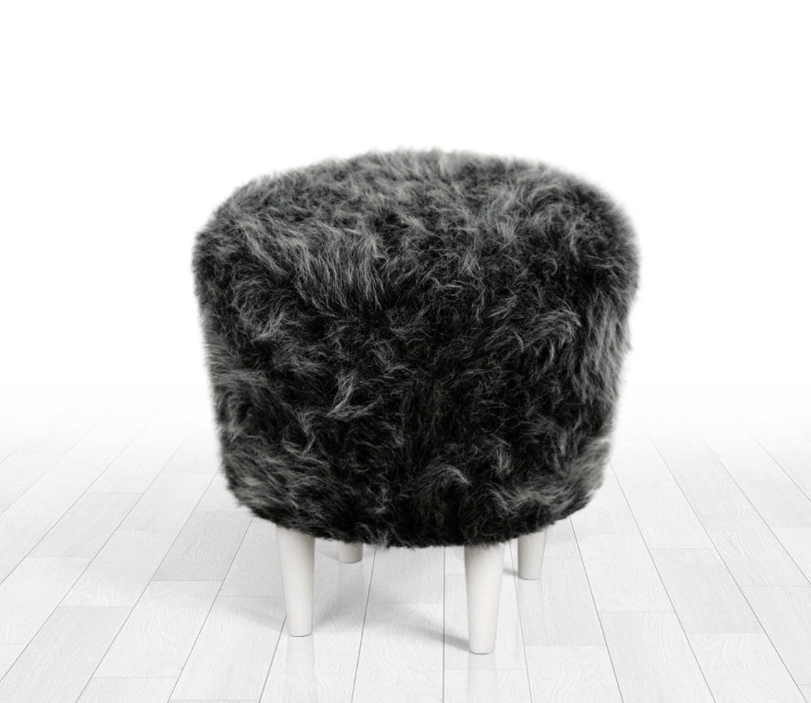 White faux fur pouf ottoman dark grey fur scandinavian pouf Etsy