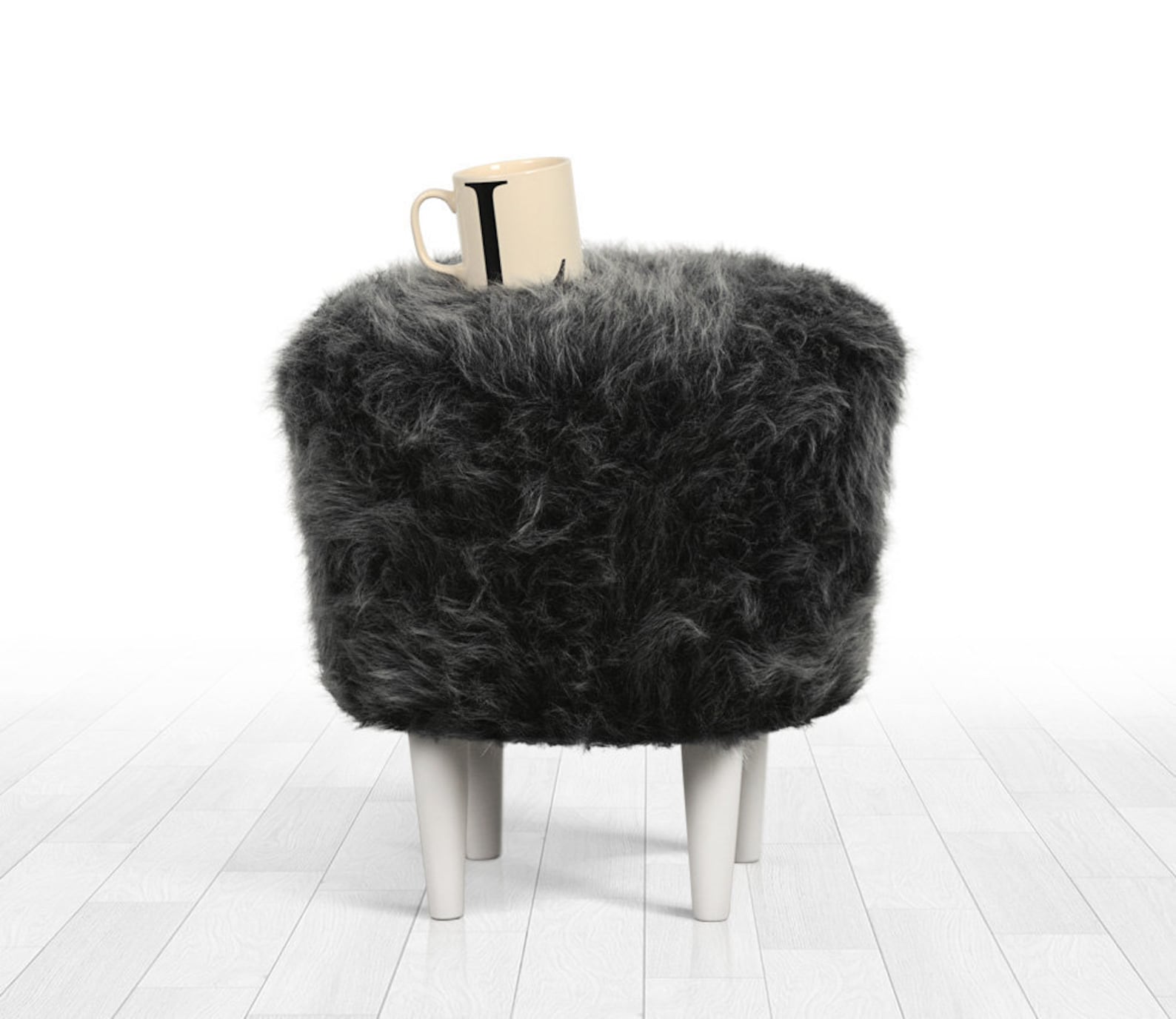 White faux fur pouf ottoman dark grey fur scandinavian pouf Etsy