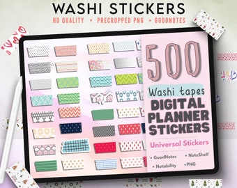 May include: A digital planner sticker pack with 500 washi tapes in various patterns and colors. The stickers are compatible with GoodNotes, Notability, and NoteShelf apps. The image shows a preview of some of the stickers on a tablet screen.