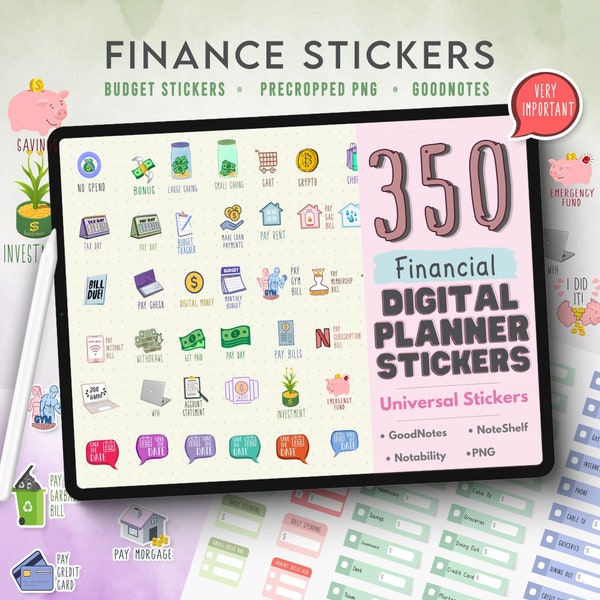 Pegatinas del planificador digital del presupuesto financiero, GoodNotes, pegatinas para iPad, prerecortadas, banca, dinero, factura vencida, Erin Condren Life Planners