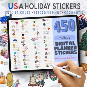 450 USA Holiday Celebration Stickers - Pakiet naklejek świątecznych, Naklejki cyfrowe, Naklejki do cyfrowego planera, Plik naklejek Goodnotes, Zestaw planera
