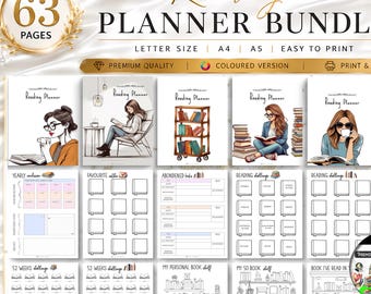Reading Journal Printable Planner Bundle, Reading Tracker, Book Tracker, Bookshelf Challenge PDF , Book Reading Planner (Digital Download)