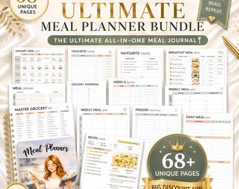 The Ultimate Meal Planner Printable Bundle, Food Planner , Meal Jounal , Recipe Cards, Grocery Lists (A4, A5, Letter, Fillable PDF)