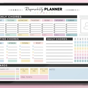 May include: A printable digital planner with a pastel color scheme. The planner is divided into sections for weekly chores, routine chores, daily chores, rewards, and notes. The planner includes a section for tracking points earned for completing tasks.
