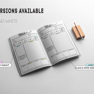Puede incluir: Un planificador abierto con el t&iacute;tulo "Tiktok Planner" impreso en la portada. El planificador tiene secciones para planificar contenido, programar publicaciones y realizar un seguimiento de las anal&iacute;ticas. El planificador est&aacute; disponible en dos versiones: color y blanco y negro.