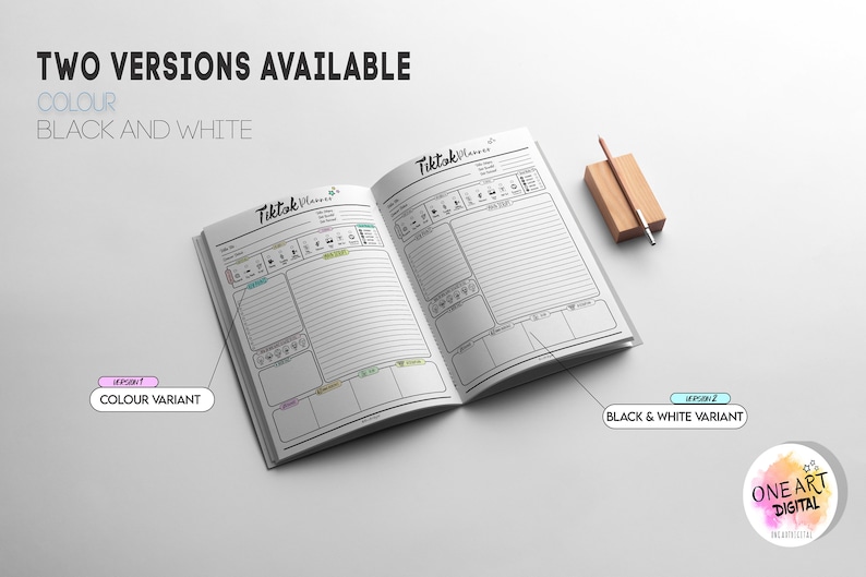 Puede incluir: Un planificador abierto con el t&iacute;tulo "Tiktok Planner" impreso en la portada. El planificador tiene secciones para planificar contenido, programar publicaciones y realizar un seguimiento de las anal&iacute;ticas. El planificador est&aacute; disponible en dos versiones: color y blanco y negro.