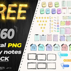 May include: A digital pack of 160 free PNG sticky notes in various colors and designs. The notes include blank templates, checklists, and motivational phrases like "My Goal Today", "Urgent", and "Smart Work".