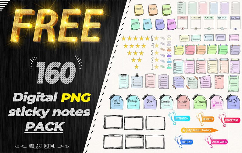 May include: A digital pack of 160 free PNG sticky notes in various colors and designs. The notes include blank templates, checklists, and motivational phrases like "My Goal Today", "Urgent", and "Smart Work".