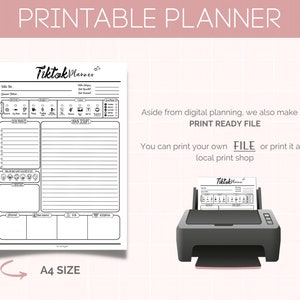 Puede incluir: Plantilla de planificador de TikTok imprimible en blanco y negro. El planificador incluye secciones para ideas de videos, guiones, hashtags y m&aacute;s. El texto "PRINT READY FILE" es visible en la imagen. La imagen tambi&eacute;n muestra una impresora con una hoja de papel en ella.
