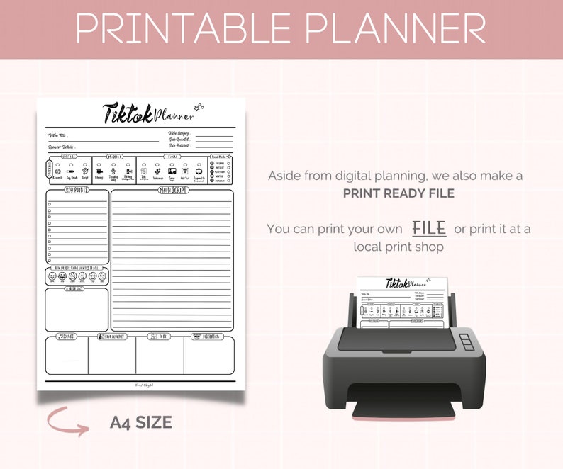 Puede incluir: Plantilla de planificador de TikTok imprimible en blanco y negro. El planificador incluye secciones para ideas de videos, guiones, hashtags y m&aacute;s. El texto "PRINT READY FILE" es visible en la imagen. La imagen tambi&eacute;n muestra una impresora con una hoja de papel en ella.