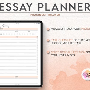 May include: A digital planner template for essays on a tablet screen. The template includes a section for essay summary, a progress tracker, and a checklist for tasks. The text on the screen reads "Essay Summary", "Title/Section", "Subject", "Progress Bar", "Task", "Due", and "Summary".