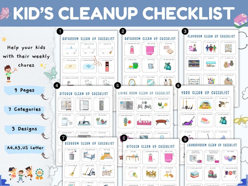 Kids Cleaning Checklist with Pictures, Kids Tidying Checklists, Kids Chore Chart, Kids Chore List, Kids Daily Routines, Kids Weekly Chores