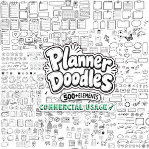 May include: A collection of black and white hand-drawn digital planner doodles featuring over 500 elements including checklists, calendars, icons, animals, and decorative shapes with the text Planner Doodles 500+ Elements Commercial Usage.