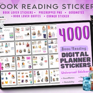 Könnte beinhalten: Digitales Planer-Sticker-Set für Bücherliebhaber. Das Bild zeigt ein Tablet mit verschiedenen Stickern zum Thema Lesen, mit dem Text "4000 Book/Reading Digital Planner Stickers". Weitere Texte sind "Book Lover Stickers" und "GoodNotes".