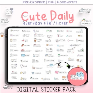 Può includere: Un pacchetto di adesivi digitali con icone disegnate a mano per la vita quotidiana, tra cui appuntamenti, pasti e attività per il tempo libero. Il titolo "Cute Daily everyday life sticker" è visualizzato in rosa.
